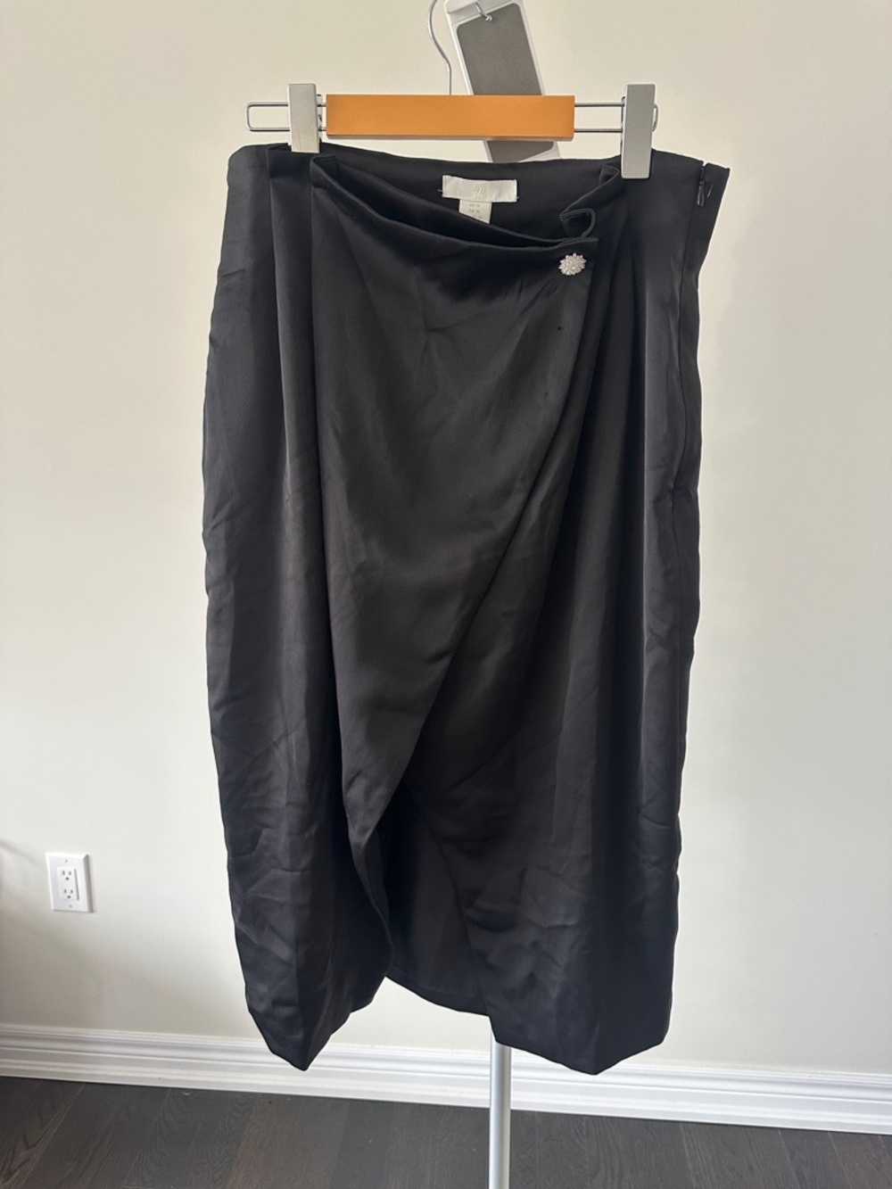 H&M Black Asymmetrical Wrap Midi Skirt with Button Accent